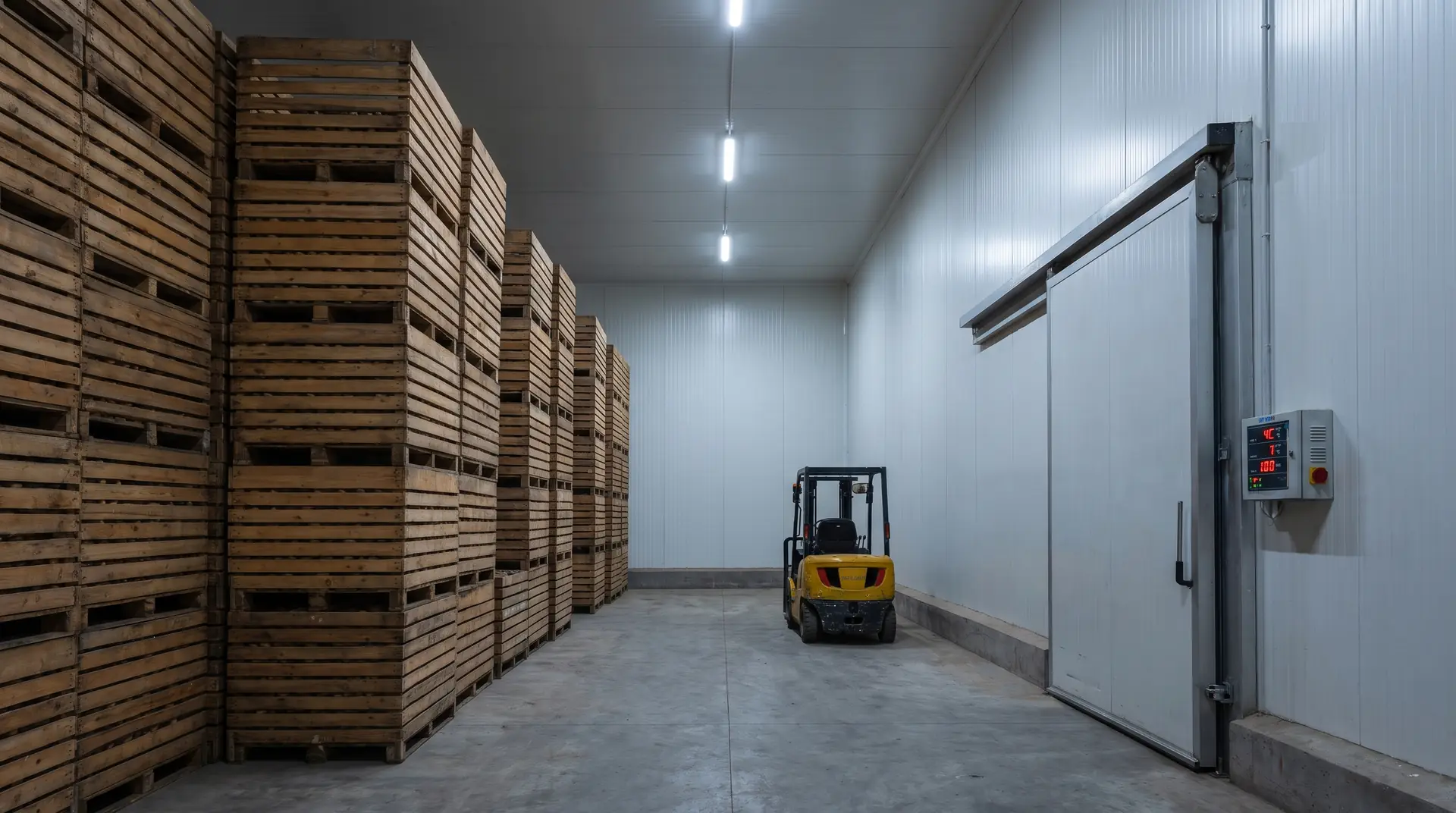A cold store stacked with wooden crates (representative)