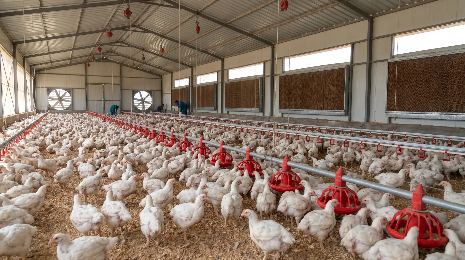 Feeder lines and broilers inside a poultry house (representative)